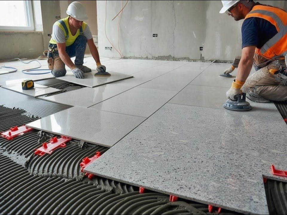 Crew setting large-format porcelain floor panels in an open commercial space, Miami